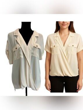 Dynamite light Cream chiffon draped wrap V-neck Button-Pocket Blouse roll tab L